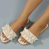 Women Slides Faux Pearl Decor Ruffle Trim Sandals Open Toe Wear-resistant Flat Slippers Summer Sandy Beach Sandals Women Shoes