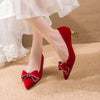 Rimocy Red Sweet Bowtie Strange Style Pumps Women Slip-On Crystal High Heels Shoes Woman Flock Pointed Toe Elegant Bridal Shoes